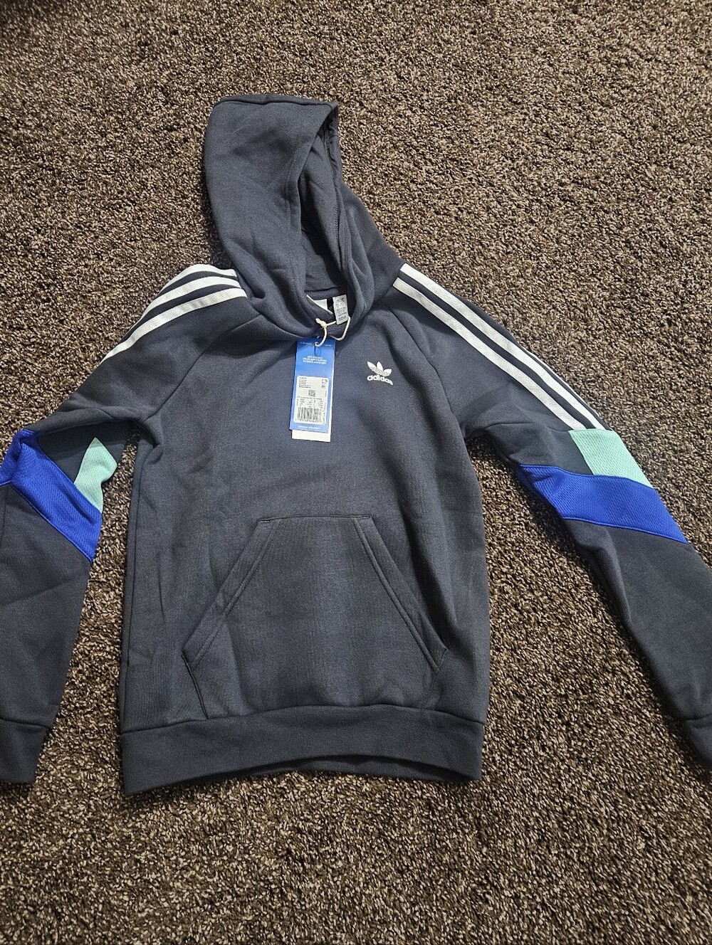 Adidas boys' black Crewneck Hoodie w/ Blue and Teal Sleeve Panels Size S (9-10)